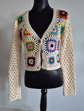 debut Cream Crochet Cardigan with Multicolor Granny Squares